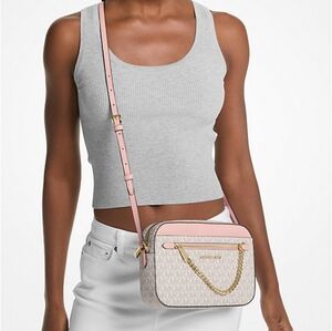 NEW Michael Kors Jet Set Camera Crossbody Bag Pink Powder Blush/White Monogram